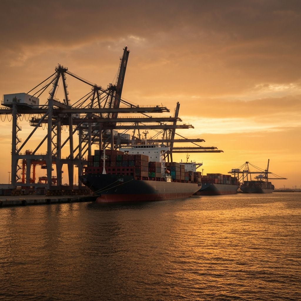 International cargo port at dusk